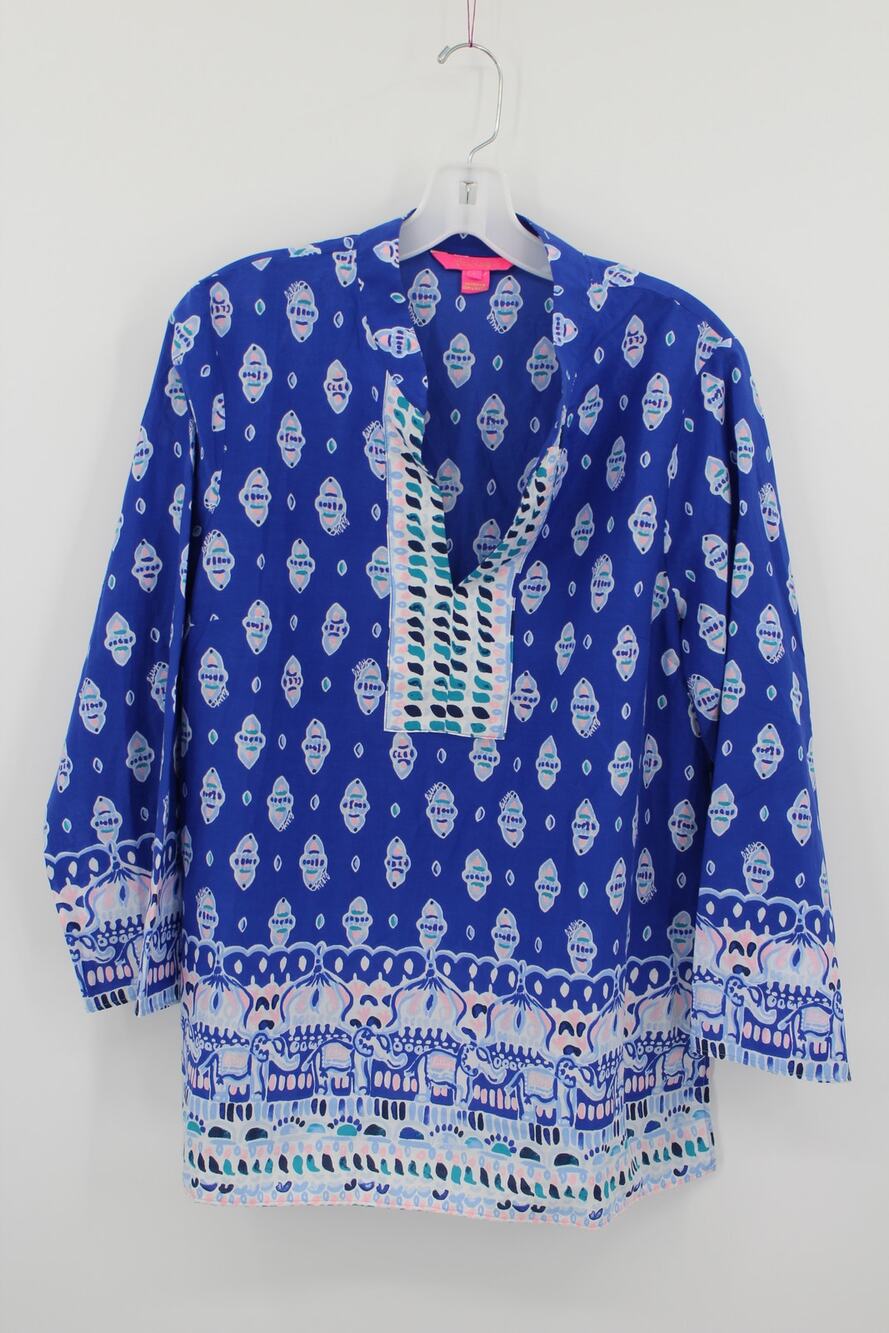 Lilly Pulitzer Silk Blend Asani Tunic Top Lapis Lazuli Glow Up Engineered Print - Picture 1 of 6
